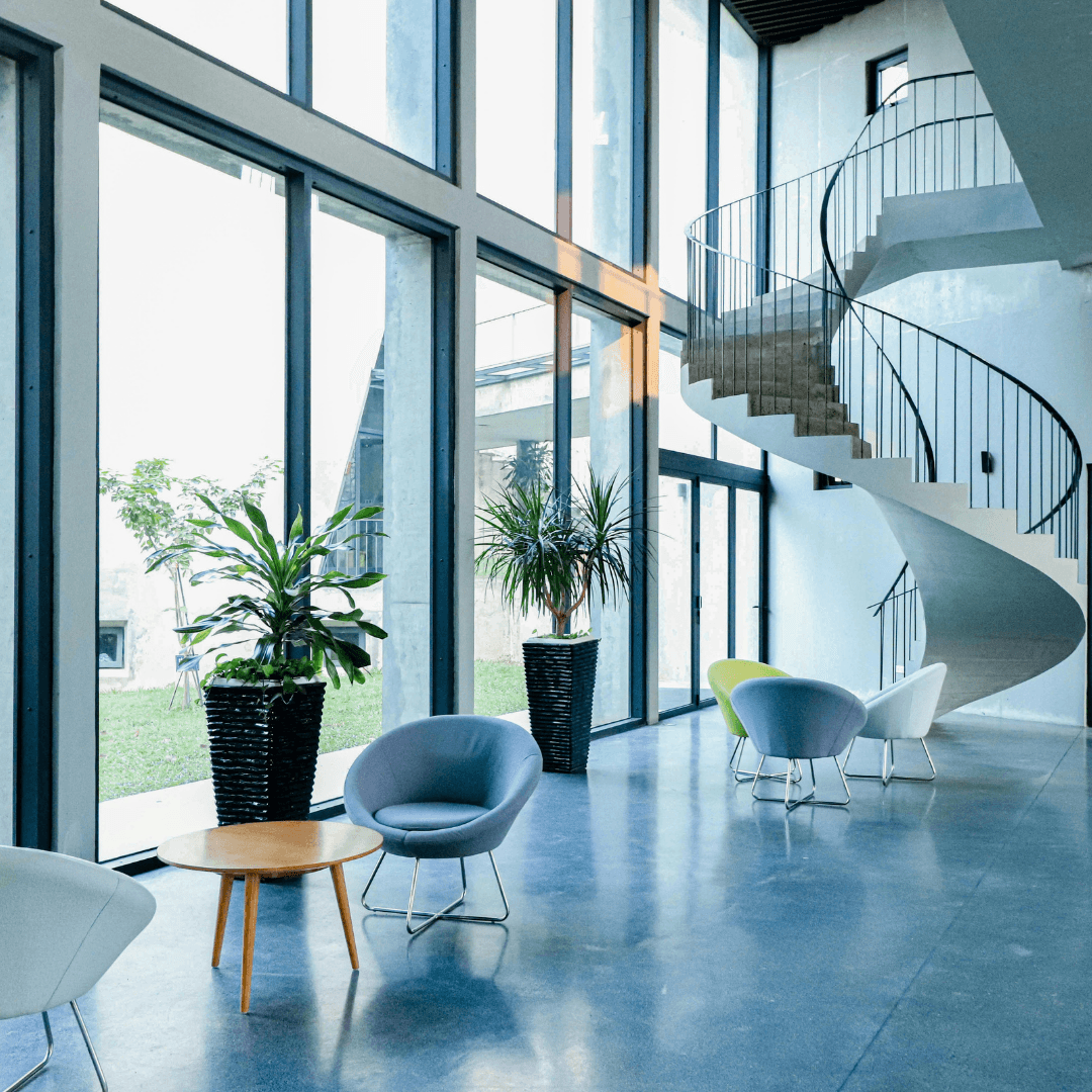 The light-filled lobby of a modern commercial building